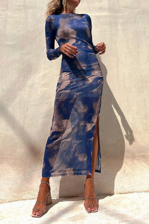 EP | Charm Lady Mesh Overlay Tie Dye Print manches longues ruchées robe midi stretch