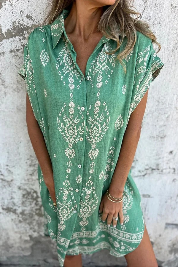 EP | Mélange de lin Impression unique Revers occasionnelle poche Mini-robe