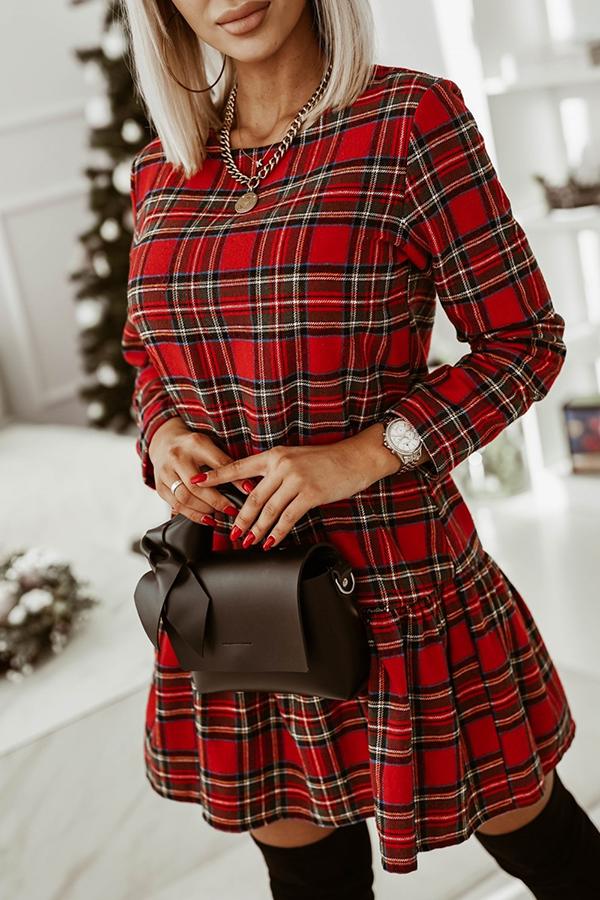 EP | Motif à carreaux à la mode Manches longues Encolure ronde Mini-robe svelte