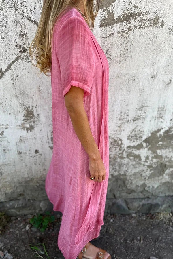 EP | Bayside Bliss mélange lin manches courtes robe midi plissée ample