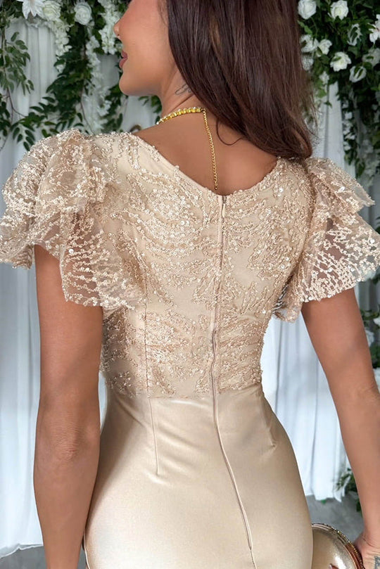 EP | Dreamy dentelle de luxe et de satin à volants manches ruchées robe midi