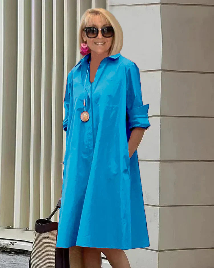 ND | Printemps/Été Nouveau Type de Mode Tempérament Col Chemise Manches Longues Pocket Robe Demi-Longue
