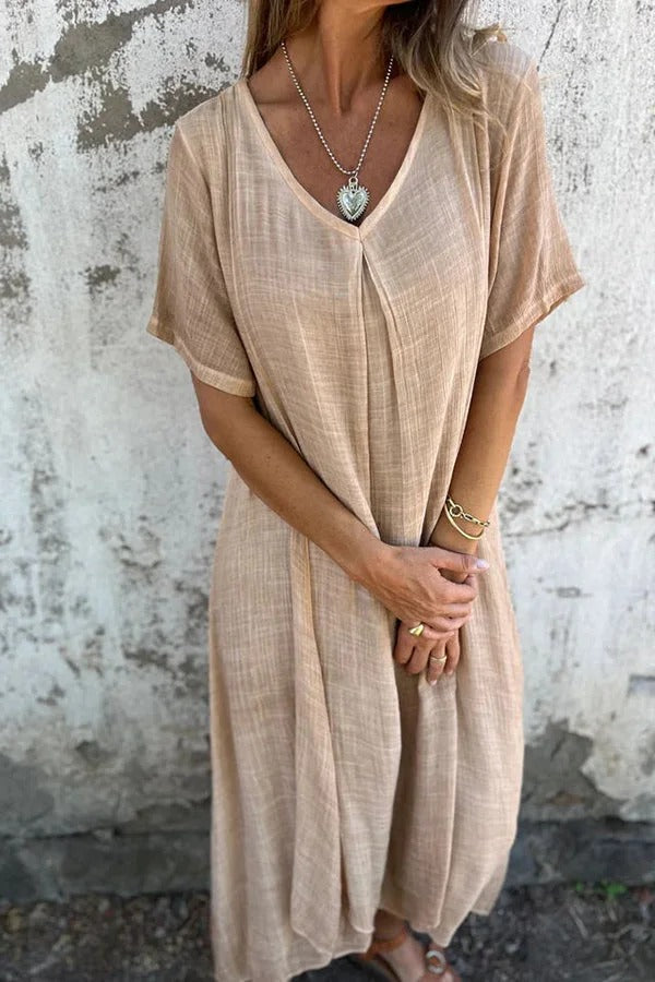 EP | Bayside Bliss mélange lin manches courtes robe midi plissée ample
