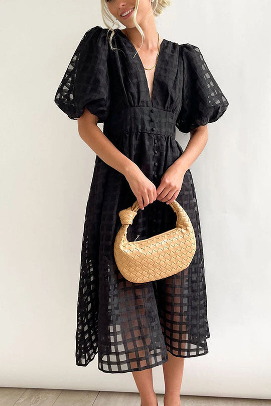 EP | Remarkable Beauty Carré Tissu à motifs Manches bouffantes Robe Midi de fête