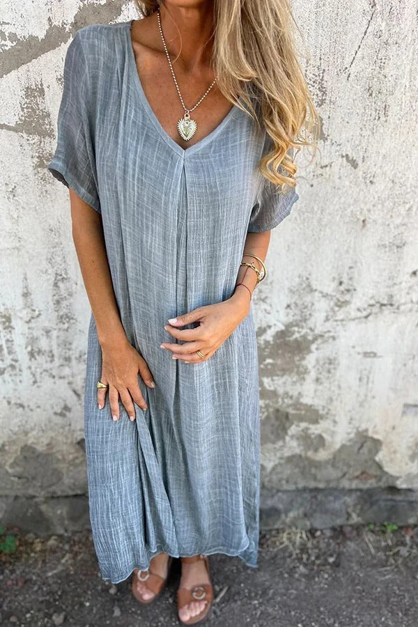 EP | Bayside Bliss mélange lin manches courtes robe midi plissée ample