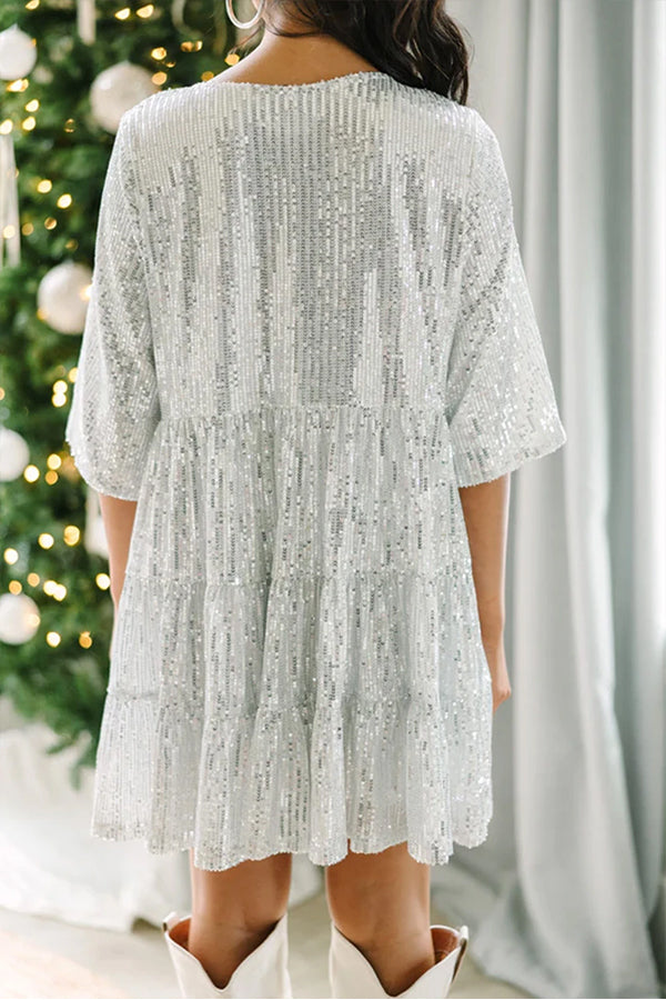EP | Paillettes argentées Party Demi-manches Encolure ronde Mini-robe