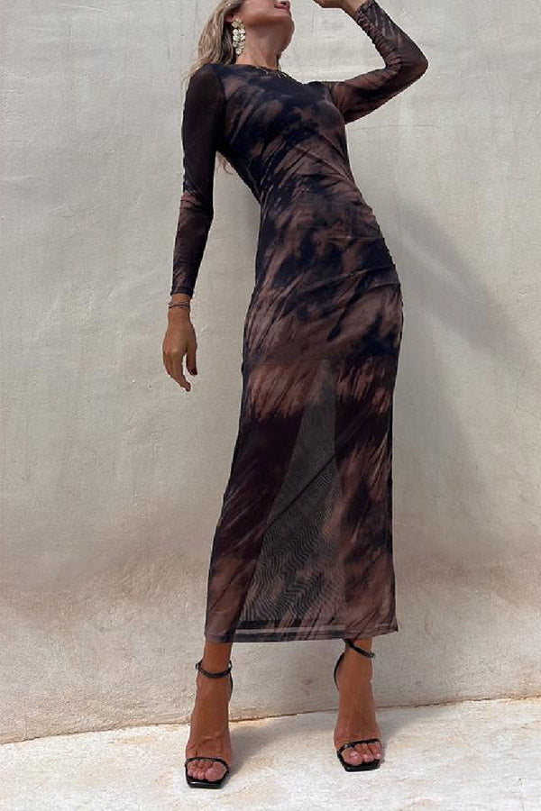 EP | Charm Lady Mesh Overlay Tie Dye Print manches longues ruchées robe midi stretch