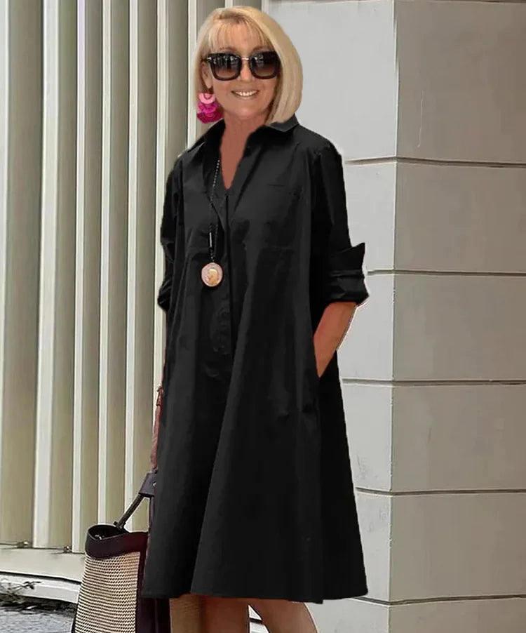 ND | Printemps/Été Nouveau Type de Mode Tempérament Col Chemise Manches Longues Pocket Robe Demi-Longue