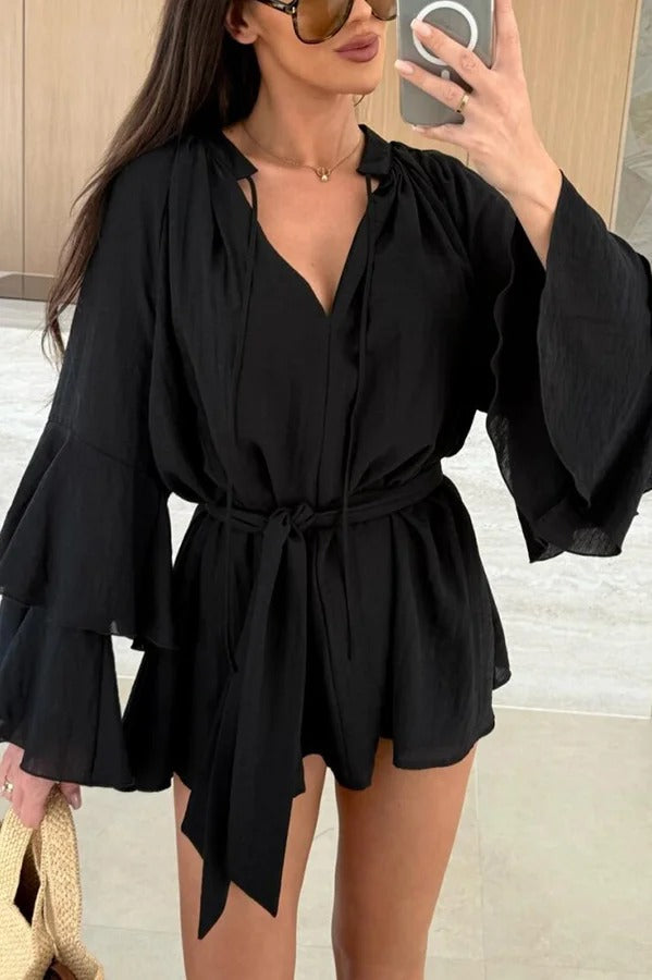 EP | Mélange de lin Molly Tiered Bell Sleeve Tie-up Cover-up Mini-robe