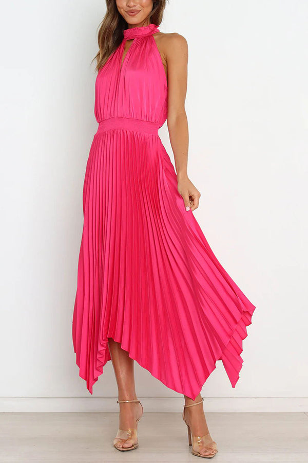 EP | Luxe Look Satin Plissé Halter Taille Elastique Robe Midi