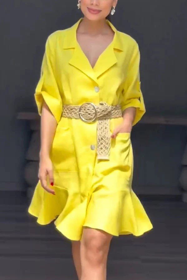 EP | Couleur solide Casual Revers de poche Ruffle Lose Mini Robe