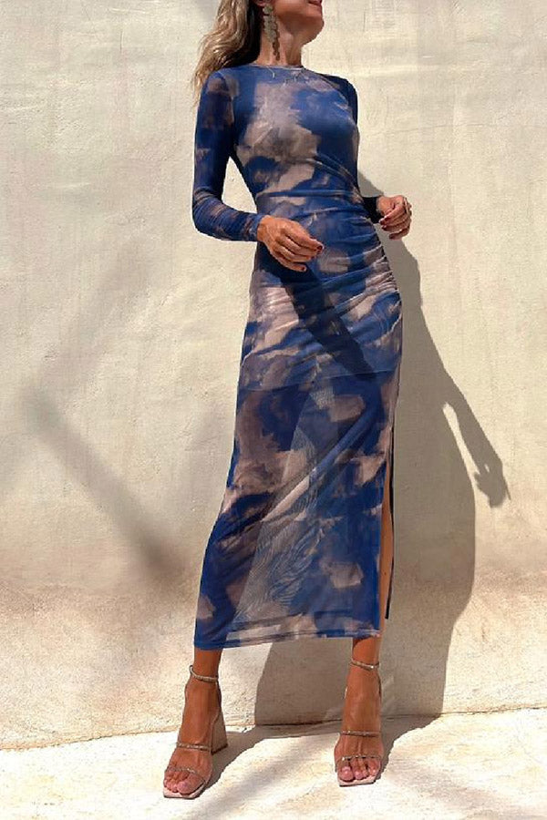 EP | Charm Lady Mesh Overlay Tie Dye Print manches longues ruchées robe midi stretch