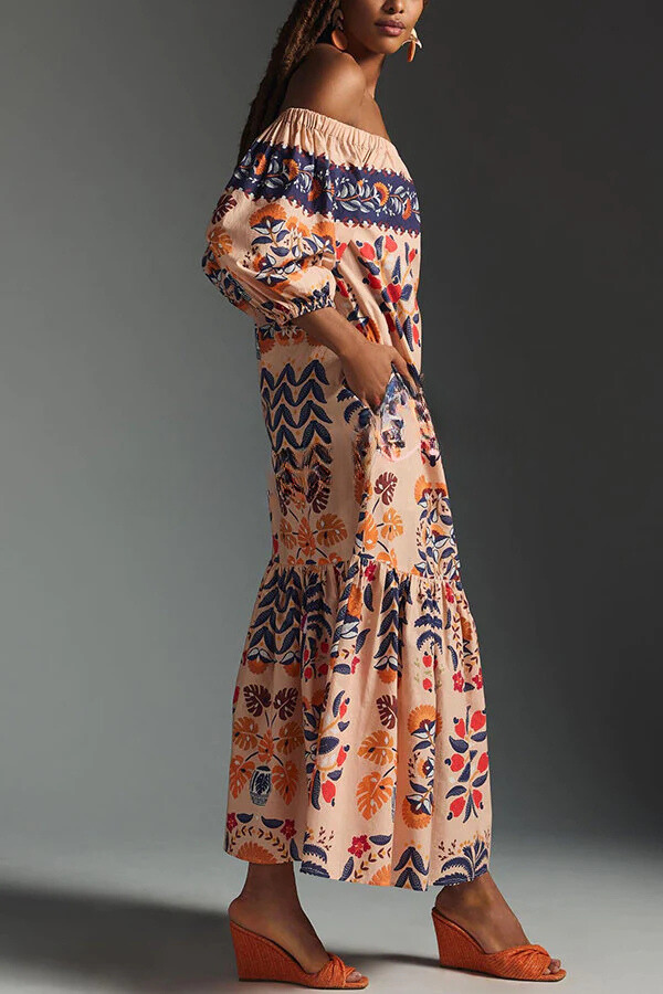 EP | Island Lover Robe midi fluide imprimée, épaules nues