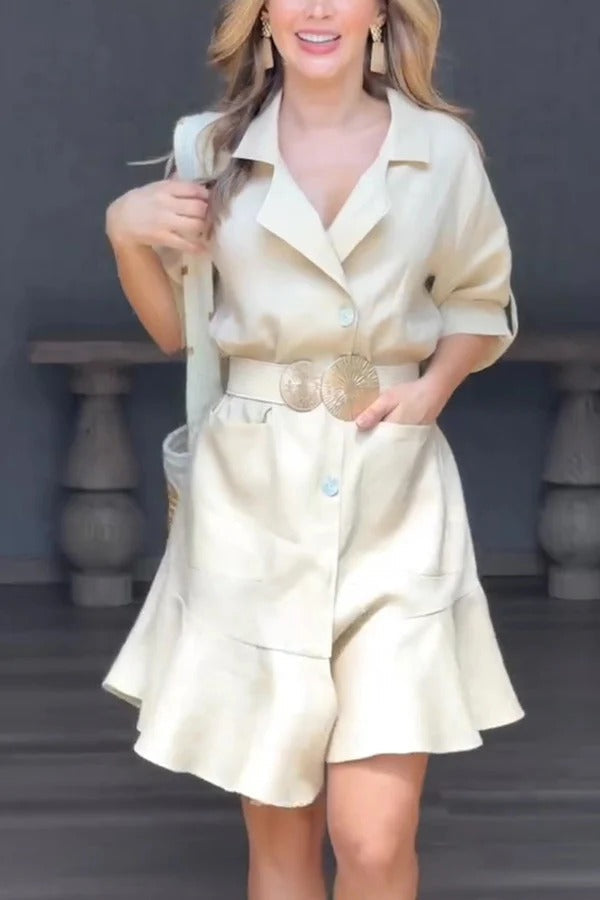 EP | Couleur solide Casual Revers de poche Ruffle Lose Mini Robe