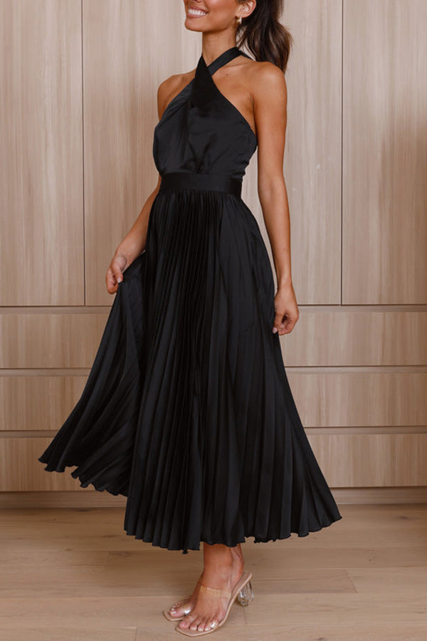 EP | Beaming Smile Robe midi plissée en satin ras du cou