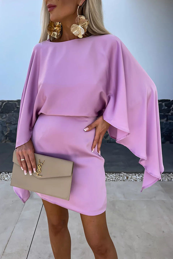EP | Belle Ailes Satin Papillon Manches Taille Élastique Mini-robe Formelle