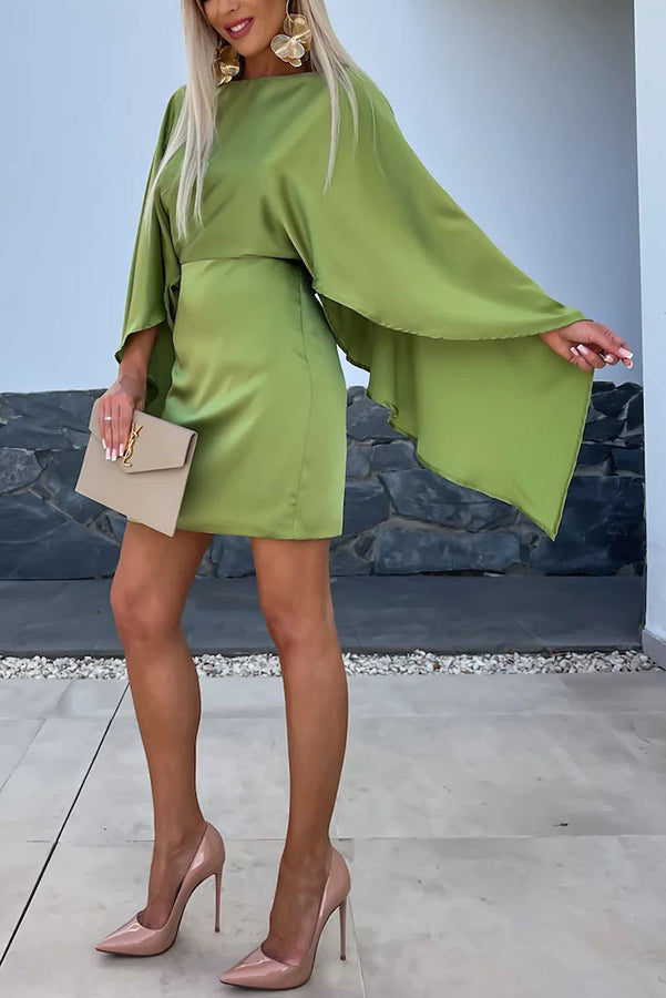 EP | Belle Ailes Satin Papillon Manches Taille Élastique Mini-robe Formelle