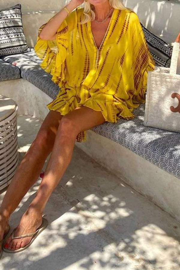 EP | Lemon Flavor Tie Dye Ruffle Batwing Sleeve Elastic Waist Mini-robe de caftan