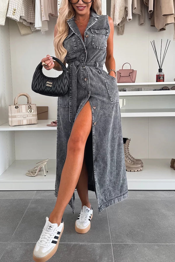 EP | Couleur solide Sans manches Une seule ligne Cravate Taille Casual Sac Denim Robe Midi
