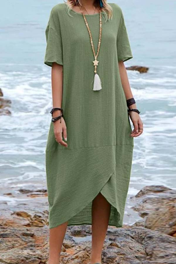EP | Couleur solide coton lin rétro col rond manches courtes robe midi