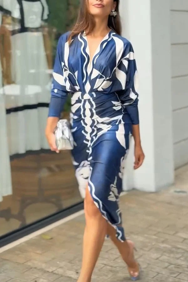 EP | Caliana Imprimé unique Dolman manches longues ruché fente robe midi