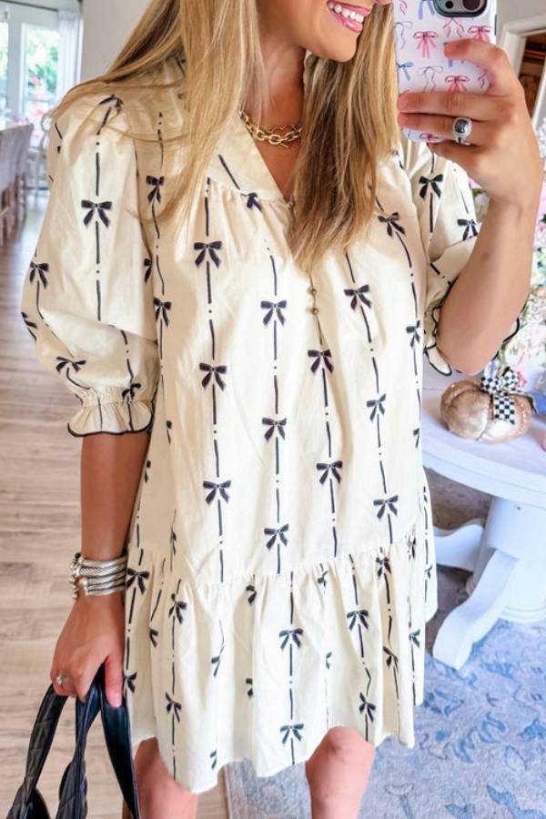 EP | Beige Mignon bowknot imprimé bulle manches col V Mini-robe