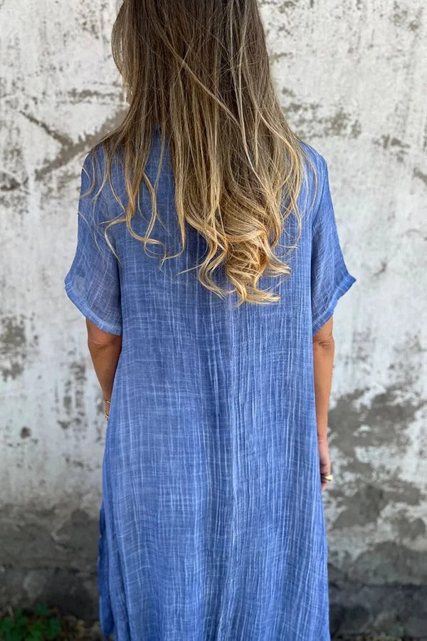 EP | Bayside Bliss mélange lin manches courtes robe midi plissée ample