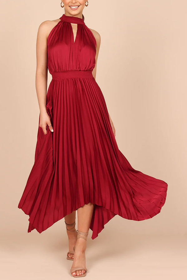 EP | Luxe Look Satin Plissé Halter Taille Elastique Robe Midi