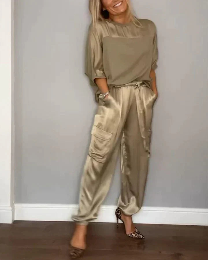 EP | Ensemble Deux-pièces Haut Et Pantalon En Satin Unique Pour Femme