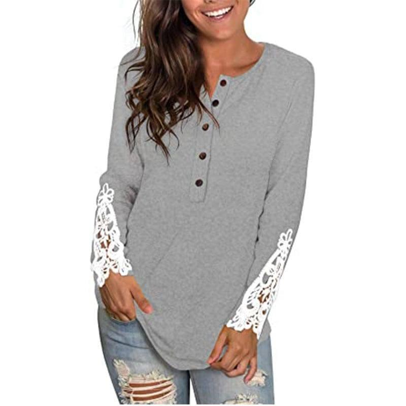 Fashion Lace T-shirt Top For Women-Light Blue-9