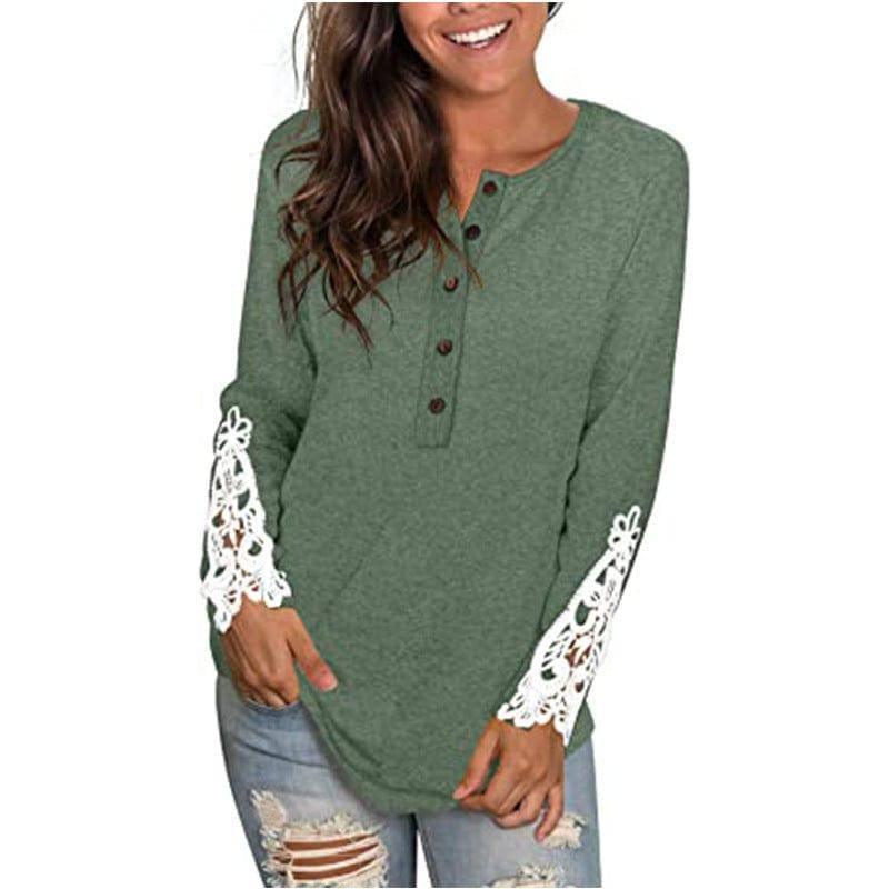 Fashion Lace T-shirt Top For Women-Denim Blue-8