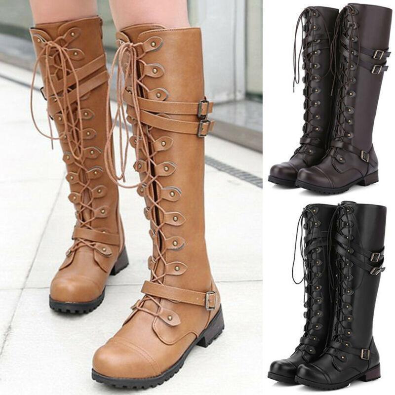 EP | Bottes pour femmes de style romain avec laçage jusqu'au genou et semelles compensées