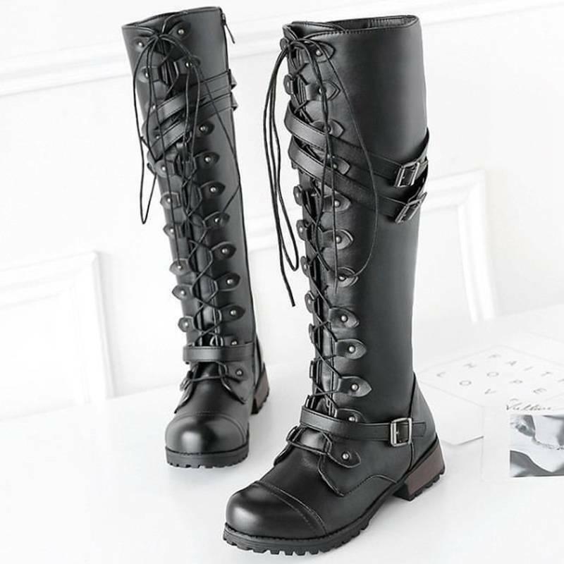 EP | Bottes pour femmes de style romain avec laçage jusqu'au genou et semelles compensées