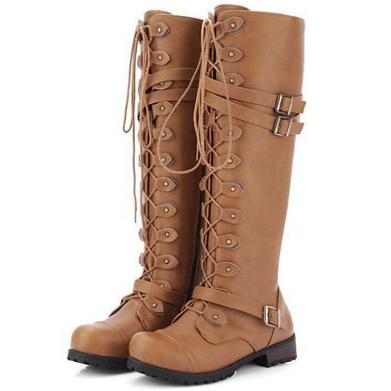 EP | Bottes pour femmes de style romain avec laçage jusqu'au genou et semelles compensées
