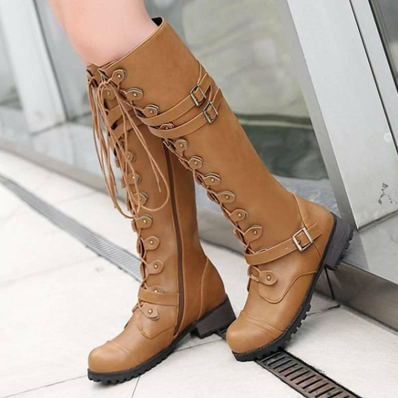 EP | Bottes pour femmes de style romain avec laçage jusqu'au genou et semelles compensées