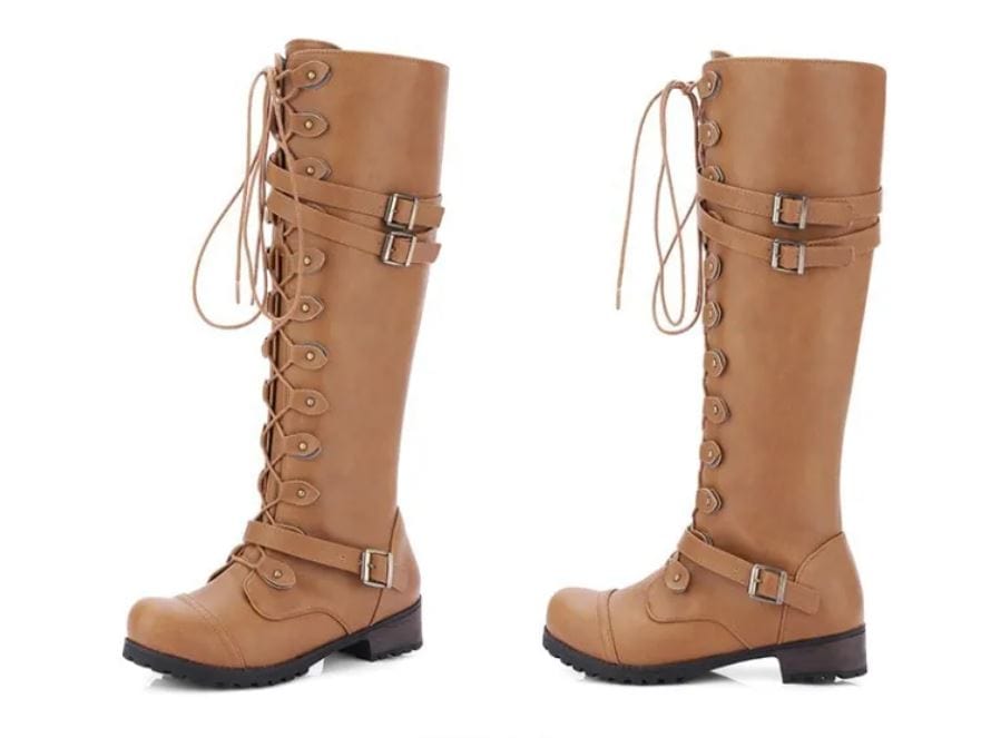 EP | Bottes pour femmes de style romain avec laçage jusqu'au genou et semelles compensées