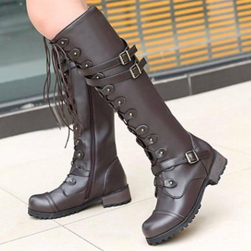 EP | Bottes pour femmes de style romain avec laçage jusqu'au genou et semelles compensées