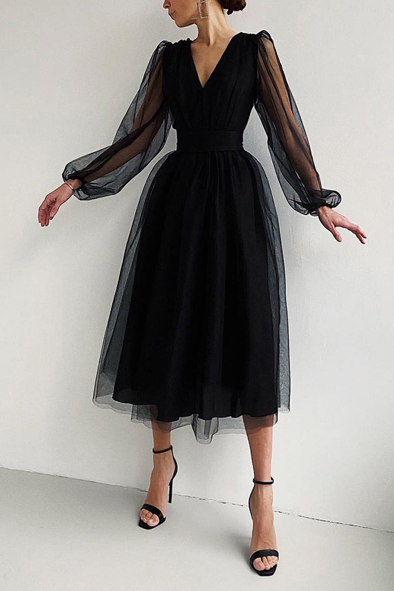 EP | col V tulle robe midi manches longues