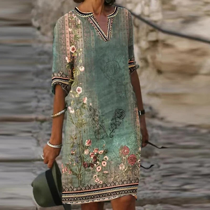 EP | Robe verte midi avec col en V et motif floral
