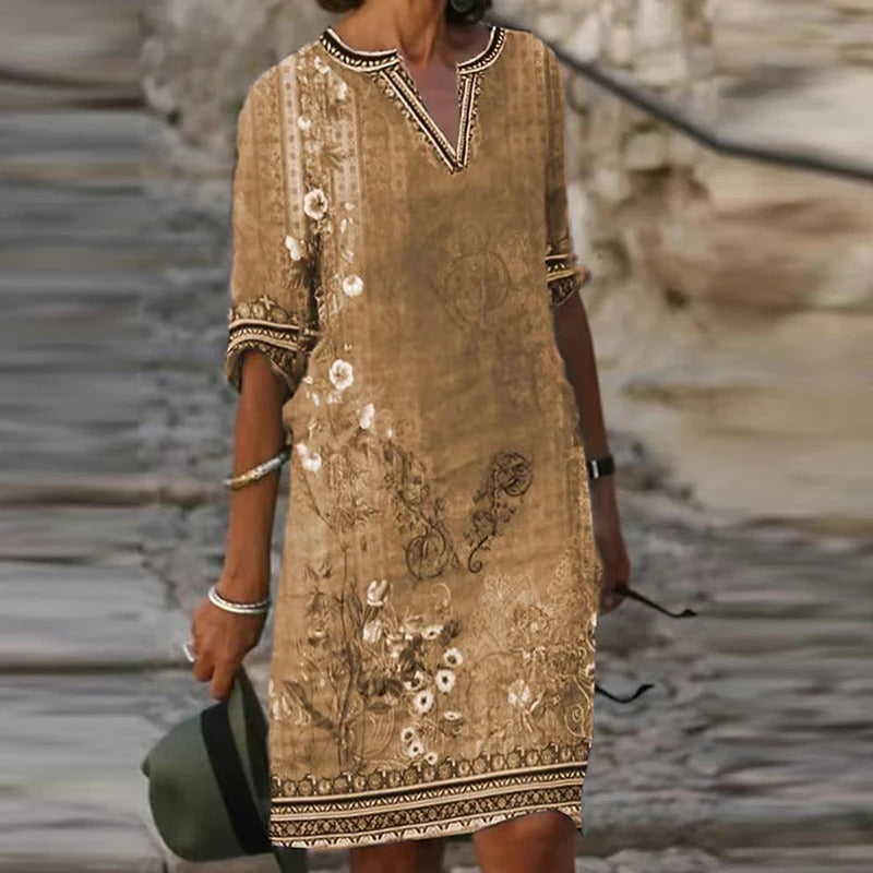 EP | Robe verte midi avec col en V et motif floral