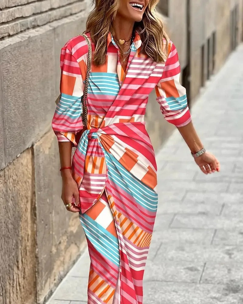 EP | Fashion Robe midi rayée décolletée en V avec laçage