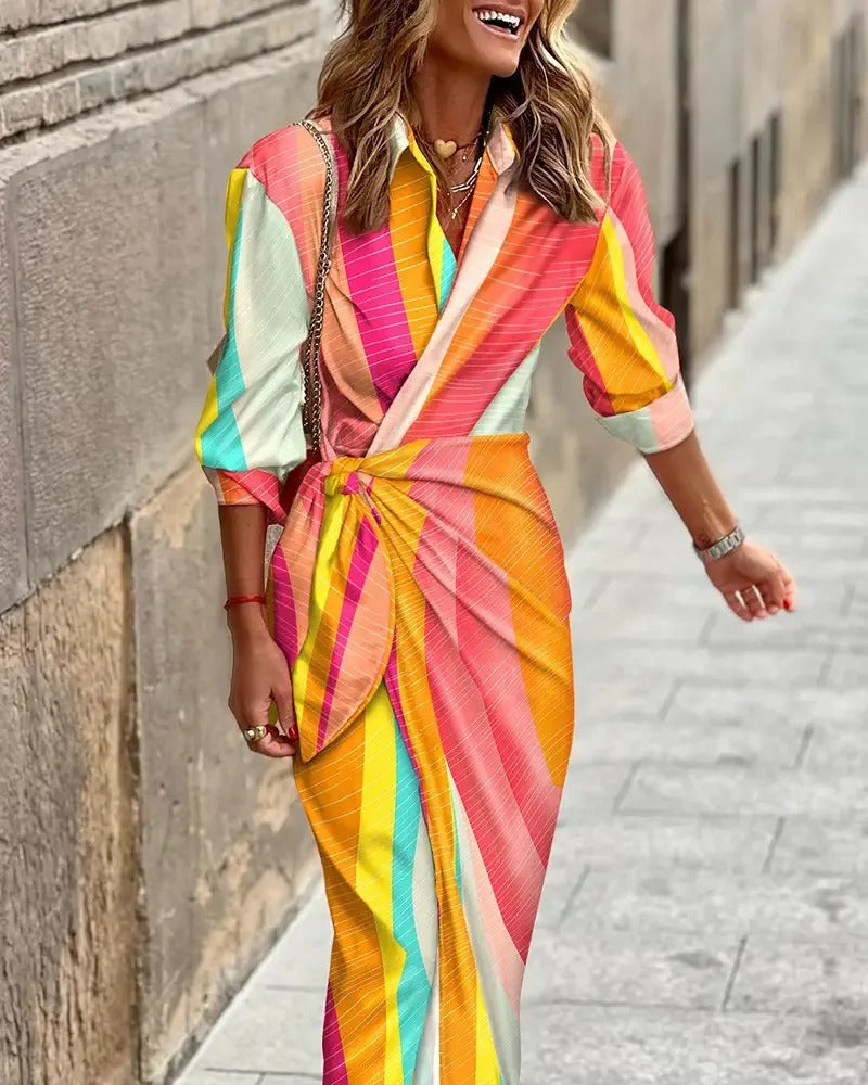 EP | Fashion Robe midi rayée décolletée en V avec laçage