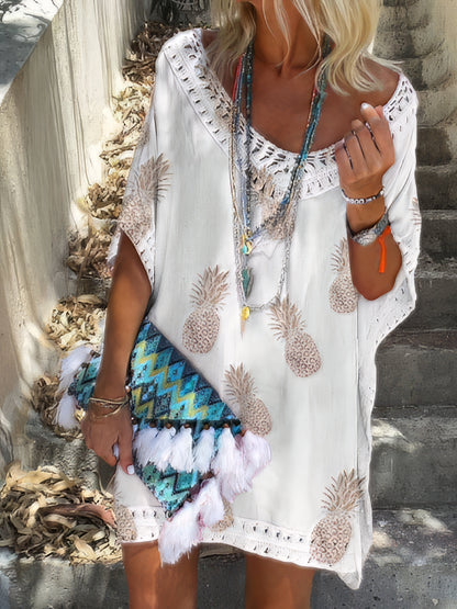 EP | occasionnels en vrac en dentelle col V Ananas Imprimer Mini-robe