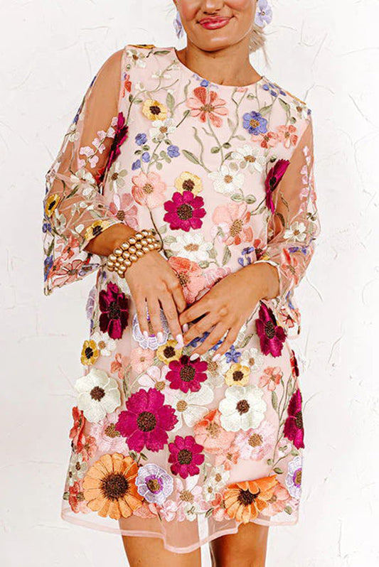 EP | Dahlia Dreaming Application florale brodée Demi-manches Mini-robe