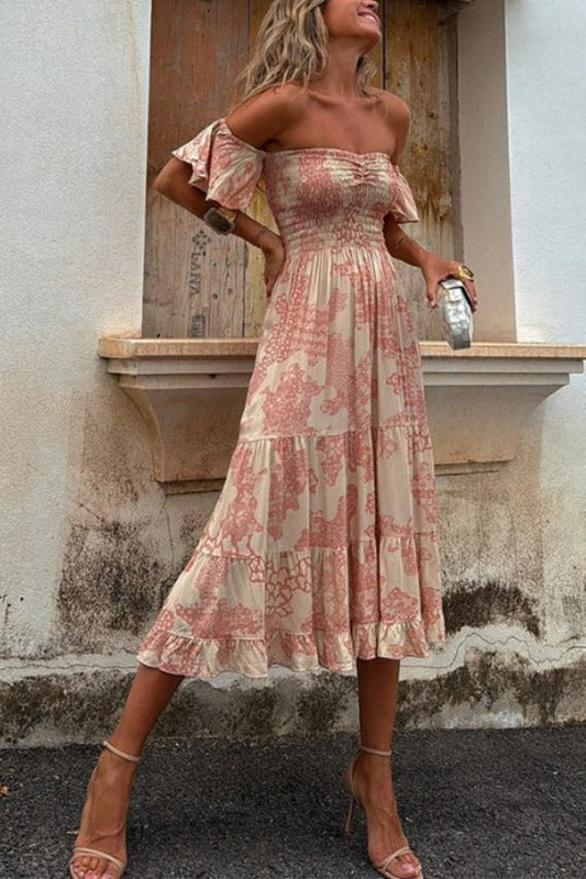 EP | Pitaya Imprimé unique Epaules libres Manches smockées Frou-frou Robe midi stratifiée