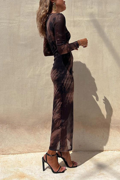 EP | Charm Lady Mesh Overlay Tie Dye Print manches longues ruchées robe midi stretch
