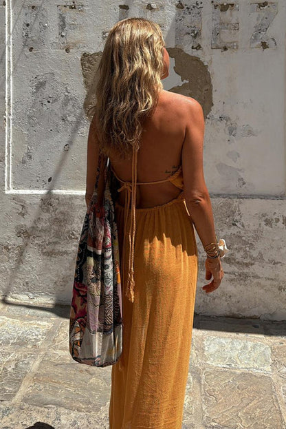 EP | Mélange de lin Taille élastique Halter Dos nu Fente Robe midi