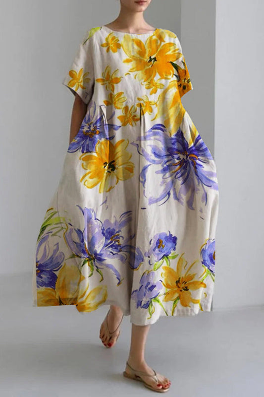 EP | Femme Coton mélangé printemps et été décontracté col rond floral rétro fleur robe mi-longue