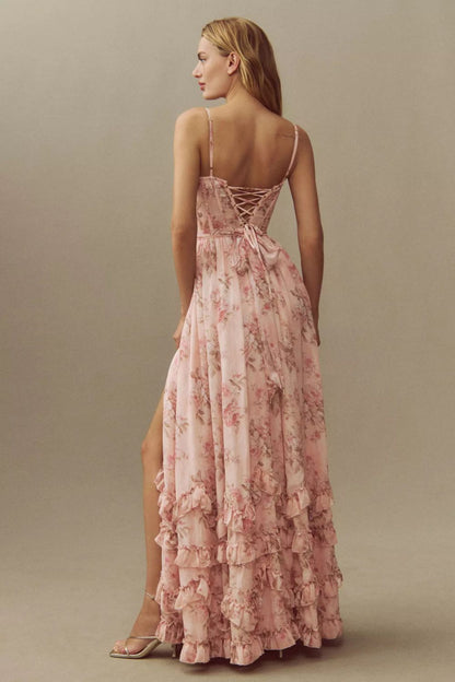 EP | Robe longue style corset avec fines bretelles, ourlet à volants et imprimé floral