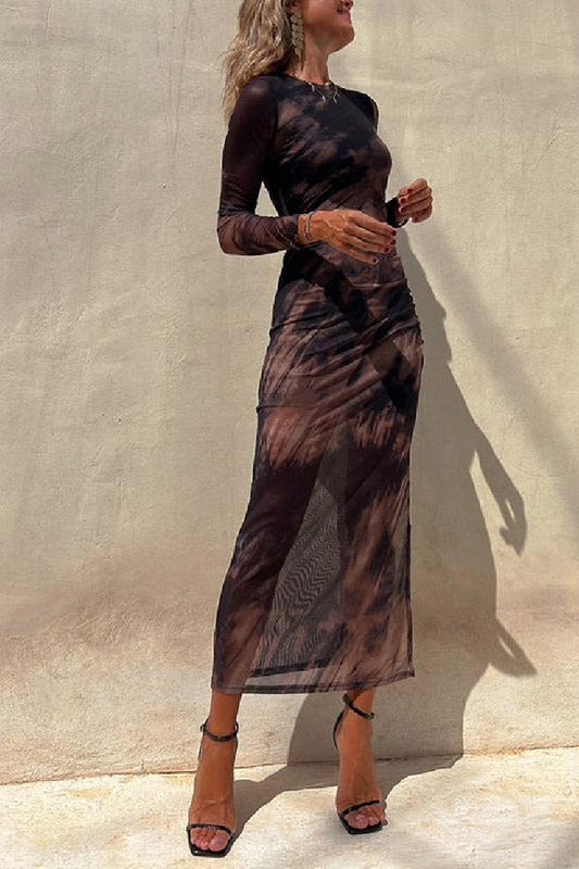 EP | Charm Lady Mesh Overlay Tie Dye Print manches longues ruchées robe midi stretch